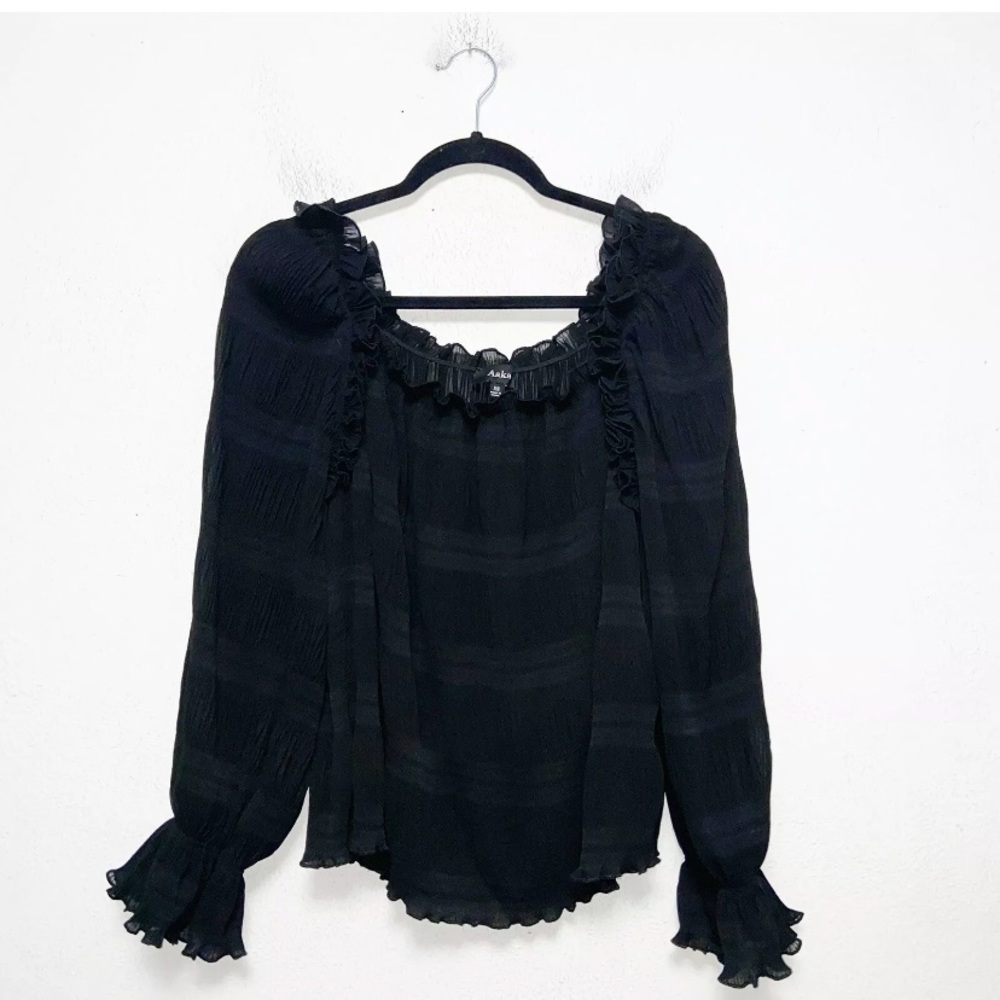 Aakaa Black Crinkle Peasant Blouse